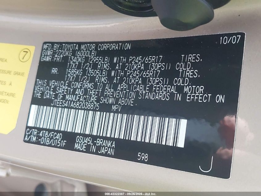 2008 Toyota Highlander VIN: JTEES41A682038875 Lot: 43322387