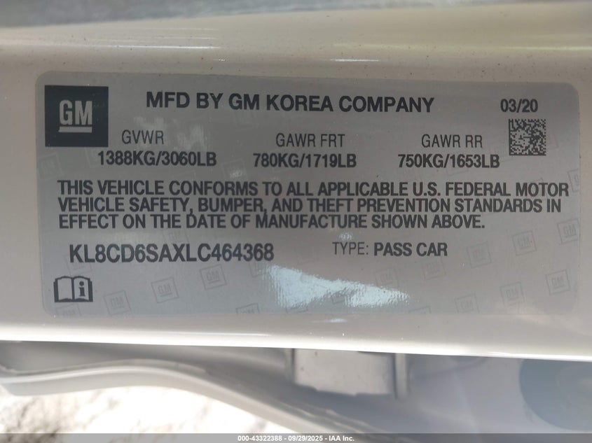2020 Chevrolet Spark Fwd 1Lt Automatic VIN: KL8CD6SAXLC464368 Lot: 43322388