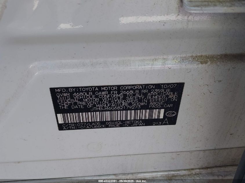 2008 Lexus Es 350 VIN: JTHBJ46G682179273 Lot: 43322391