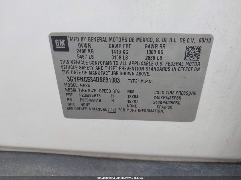 2013 Cadillac Srx Luxury Collection VIN: 3GYFNCE34DS631083 Lot: 43322394