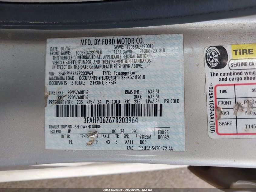 2007 Ford Fusion S VIN: 3FAHP06Z67R203964 Lot: 43322399