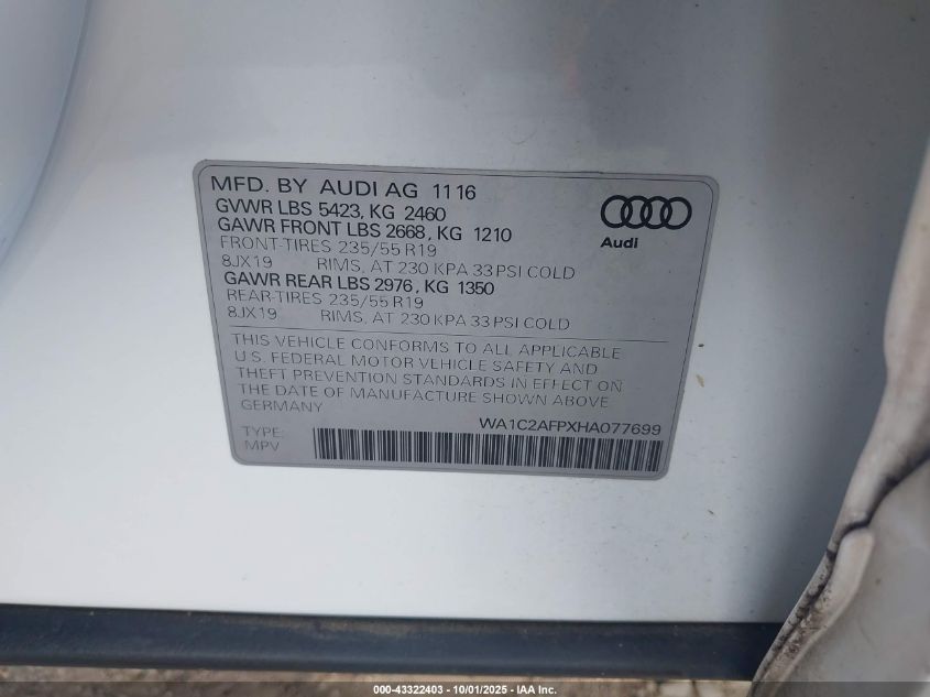 2017 Audi Q5 2.0T Premium VIN: WA1C2AFPXHA077699 Lot: 43322403