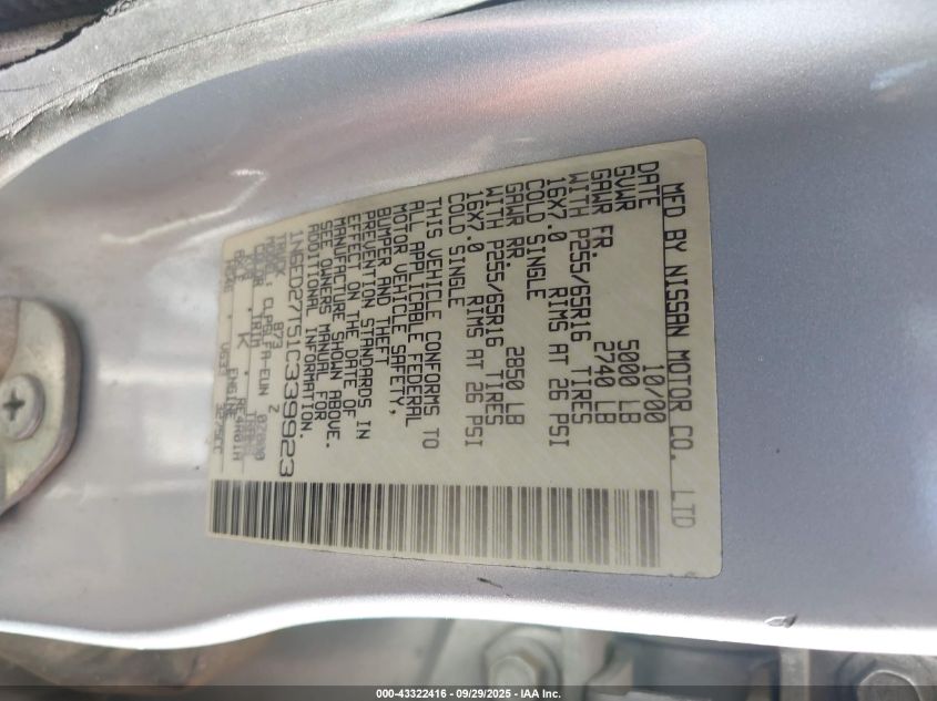 2001 Nissan Frontier Se-V6 VIN: 1N6ED27T51C339923 Lot: 43322416