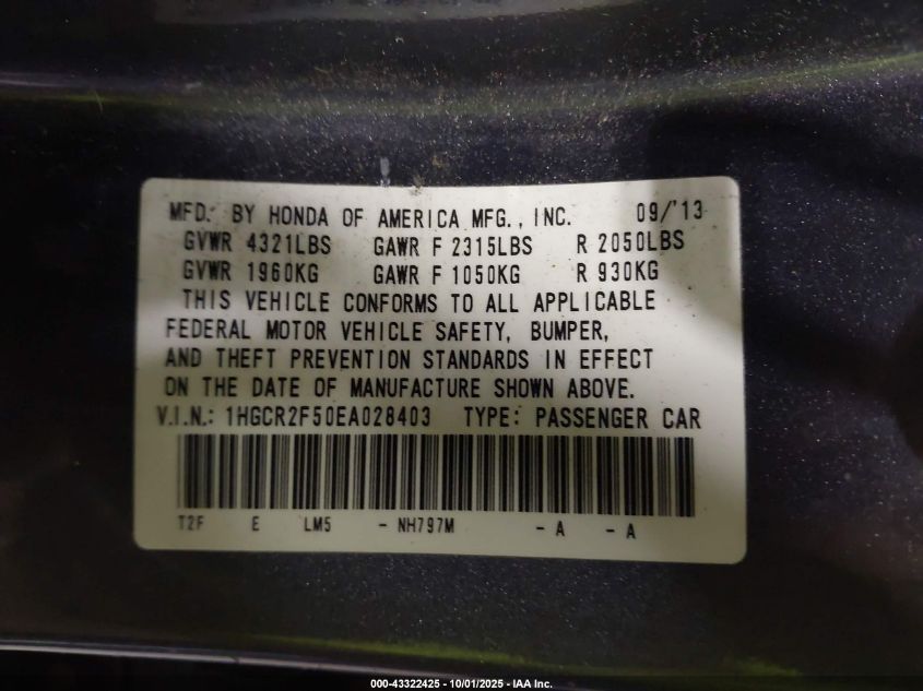 2014 Honda Accord Sport VIN: 1HGCR2F50EA028403 Lot: 43322425