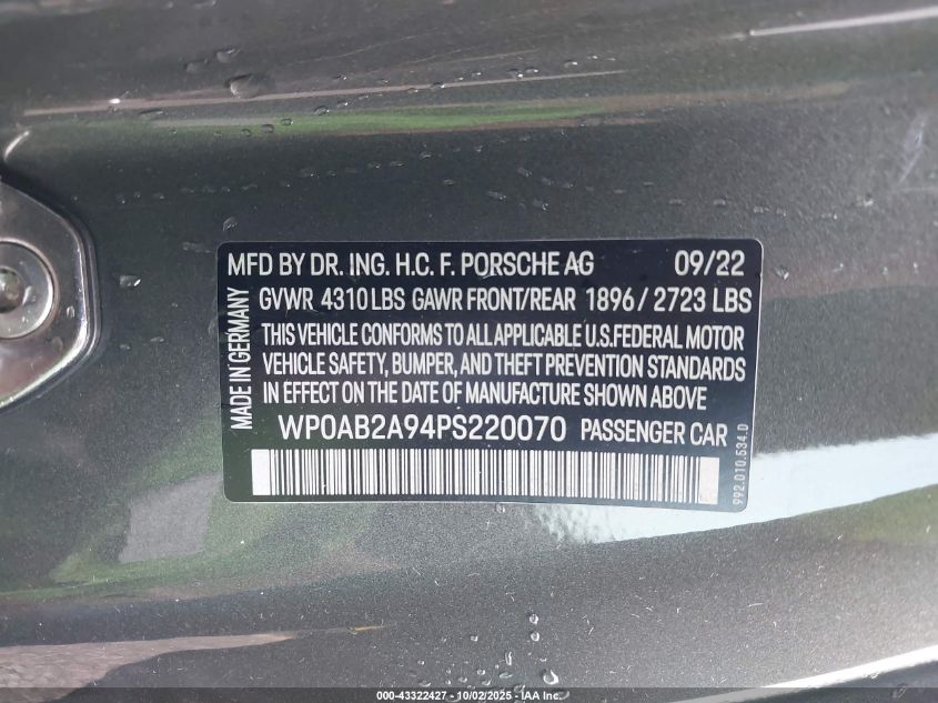 2023 Porsche 911 Carrera 4 Gts/Carrera 4S/Carrera Gts/Carrera S/Dakar VIN: WP0AB2A94PS220070 Lot: 43322427