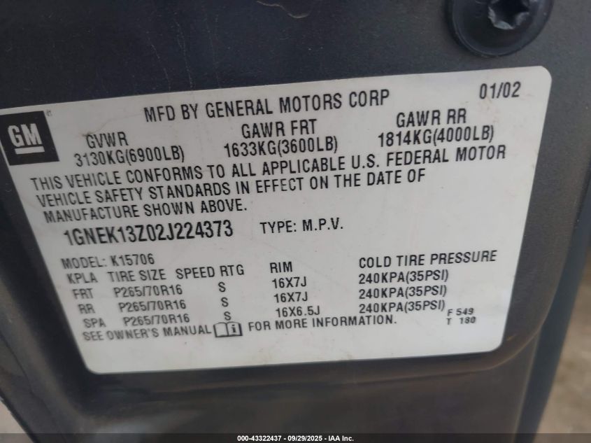 2002 Chevrolet Tahoe Lt VIN: 1GNEK13Z02J224373 Lot: 43322437