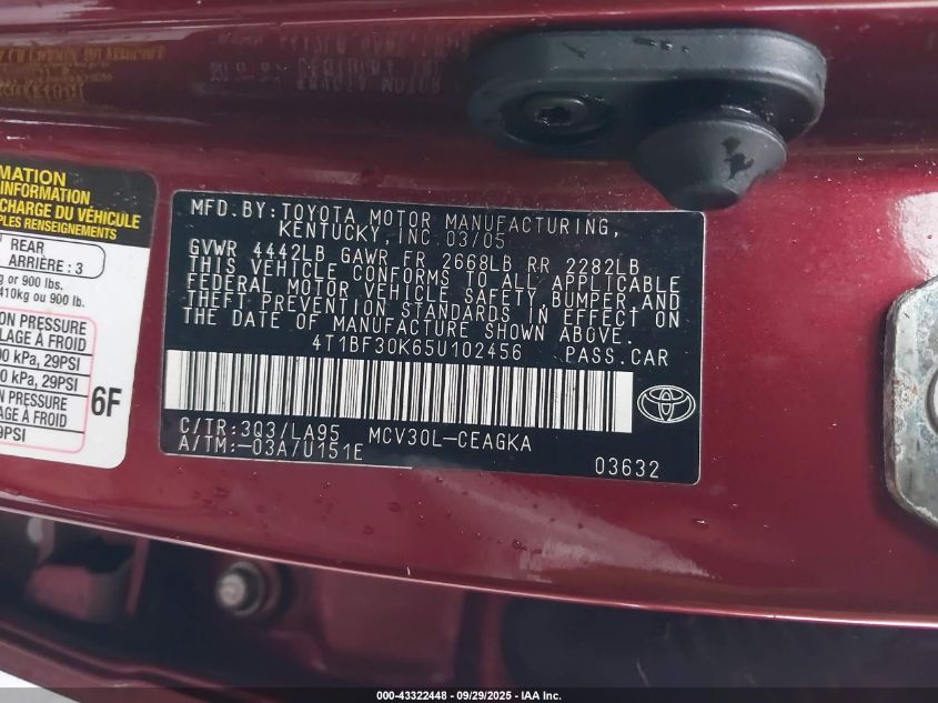 2005 Toyota Camry Xle V6 VIN: 4T1BF30K65U102456 Lot: 43322448