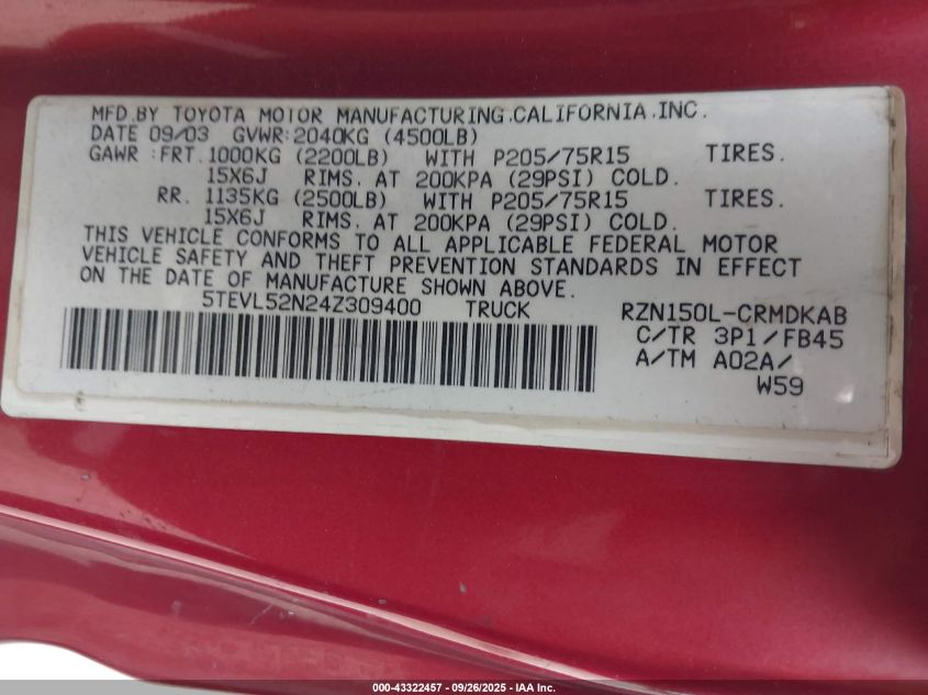 2004 Toyota Tacoma VIN: 5TEVL52N24Z309400 Lot: 43322457