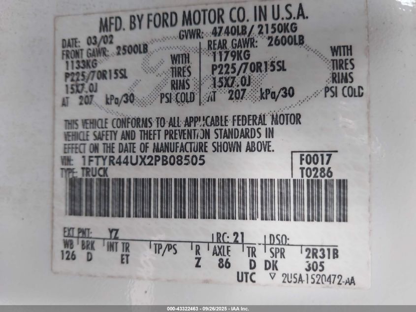 2002 Ford Ranger Edge/Tremor/Xlt VIN: 1FTYR44UX2PB08505 Lot: 43322463