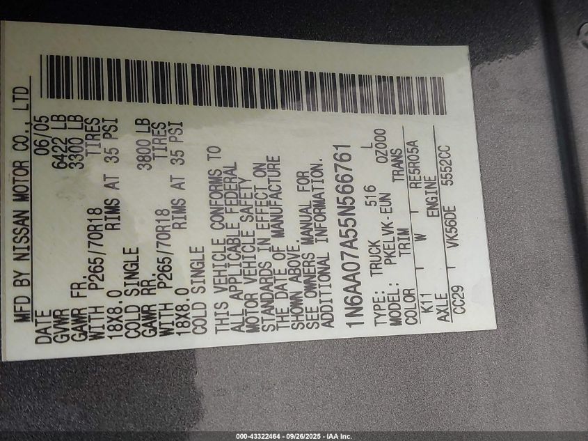 2005 Nissan Titan Le/Se/Xe VIN: 1N6AA07A55N566X61 Lot: 43322464