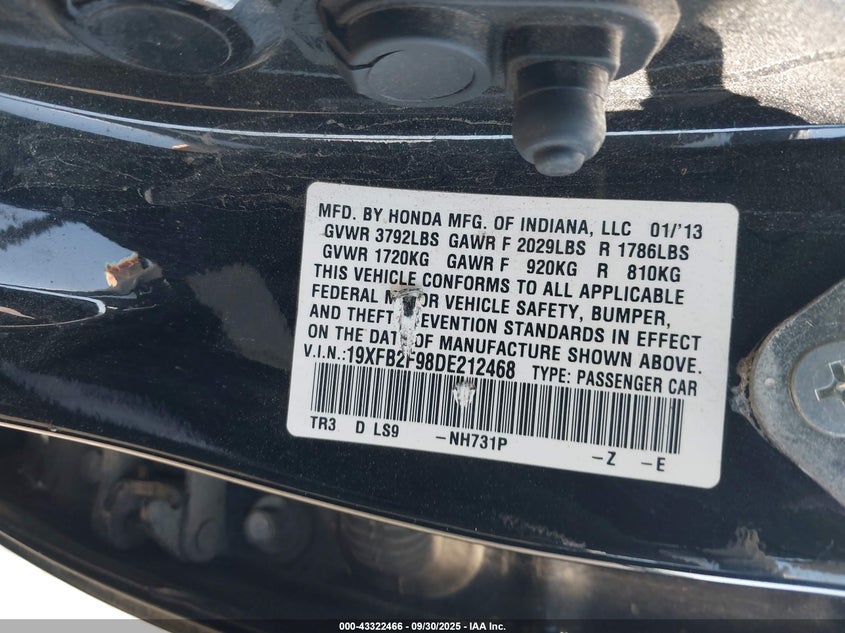 2013 Honda Civic Ex-L VIN: 19XFB2F98DE212468 Lot: 43322466