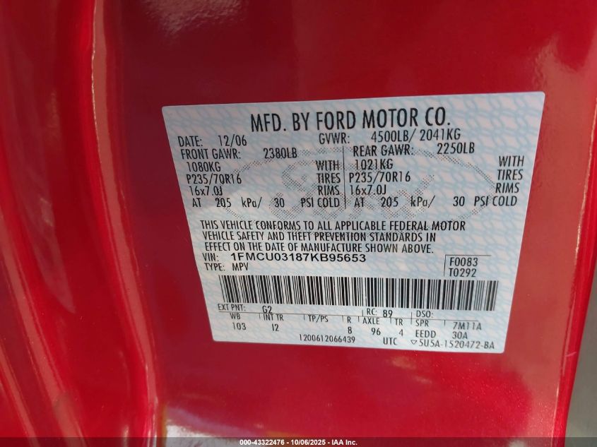 2007 Ford Escape Xlt/Xlt Sport VIN: 1FMCU03187KB95653 Lot: 43322476