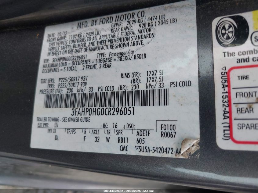 2012 Ford Fusion Se VIN: 3FAHP0HG0CR296051 Lot: 43322482