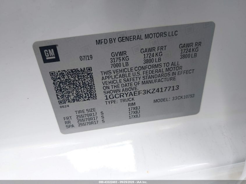 2019 Chevrolet Silverado 1500 Work Truck VIN: 1GCRYAEF3KZ417713 Lot: 43322483