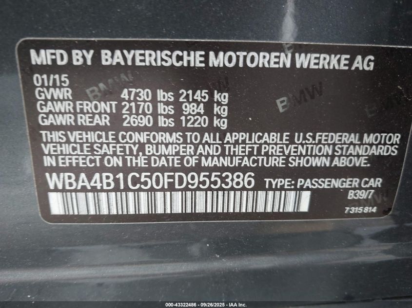 2015 BMW 435I Gran Coupe VIN: WBA4B1C50FD955386 Lot: 43322486