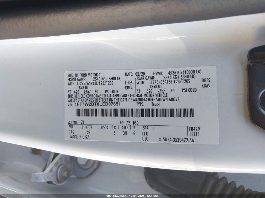 2020 Ford F-250 Xlt VIN: 1FT7W2BT8LED07651 Lot: 43322487