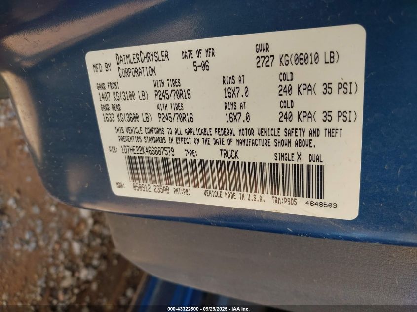 2006 Dodge Dakota St VIN: 1D7HE22K46S687579 Lot: 43322500