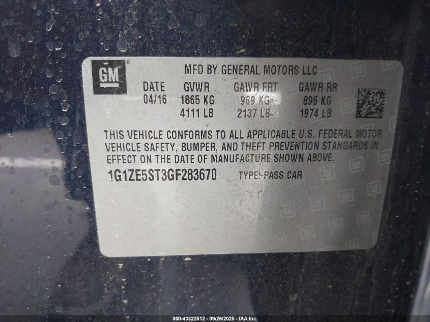 2016 Chevrolet Malibu 1Lt VIN: 1G1ZE5ST3GF283670 Lot: 43322512