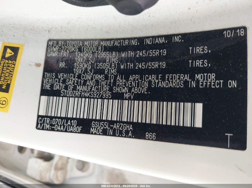 2019 Toyota Highlander Limited Platinum VIN: 5TDDZRFH4KS927995 Lot: 43322513