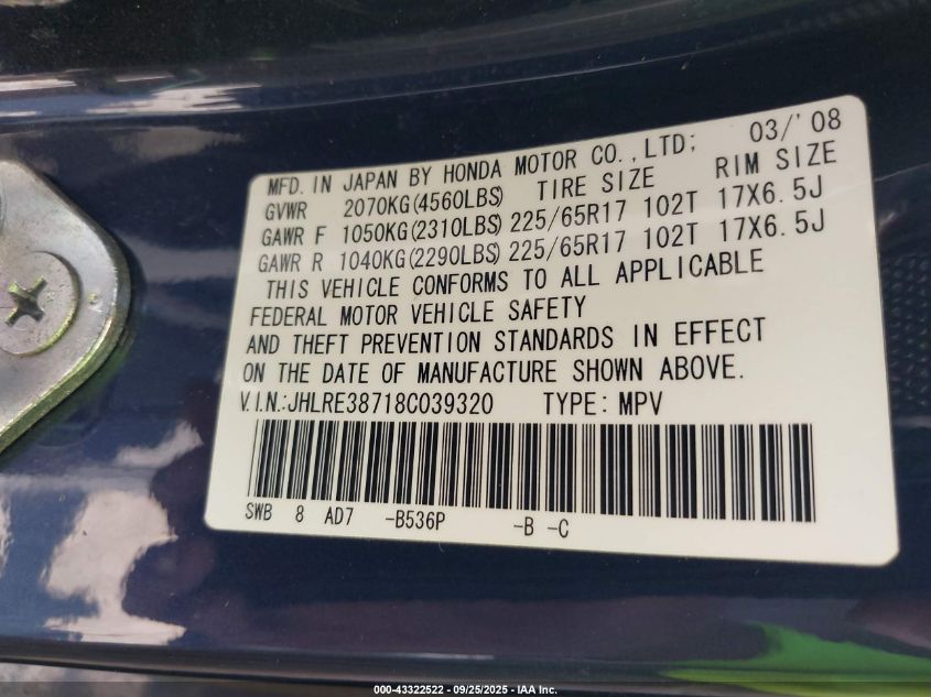 2008 Honda Cr-V Ex-L VIN: JHLRE38718C039320 Lot: 43322522