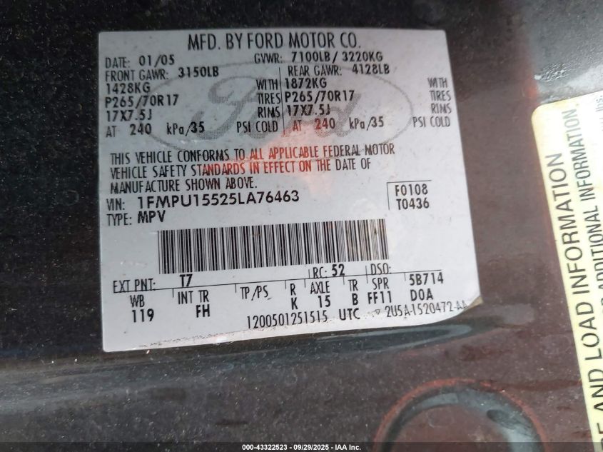 2005 Ford Expedition Xlt VIN: 1FMPU15525LA76463 Lot: 43322523