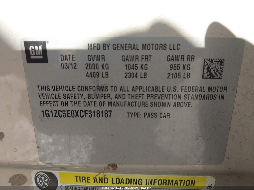 2012 Chevrolet Malibu 1Lt VIN: 1G1ZC5E0XCF318187 Lot: 43322524