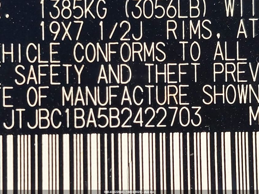 2011 Lexus Rx 450H VIN: JTJBC1BA5B2422703 Lot: 43322540