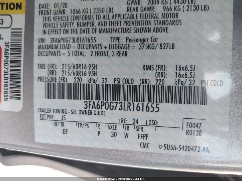 2020 Ford Fusion S VIN: 3FA6P0G73LR161655 Lot: 43322543