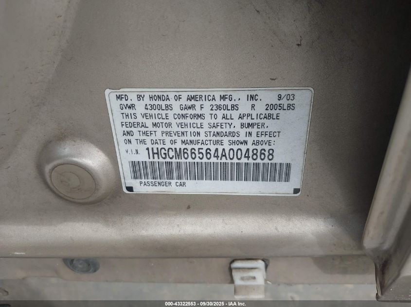 2004 Honda Accord 3.0 Ex VIN: 1HGCM66564A004868 Lot: 43322553