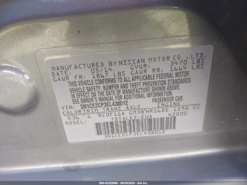 2014 Nissan Versa Note Sv VIN: 3N1CE2CP3EL438012 Lot: 43322566