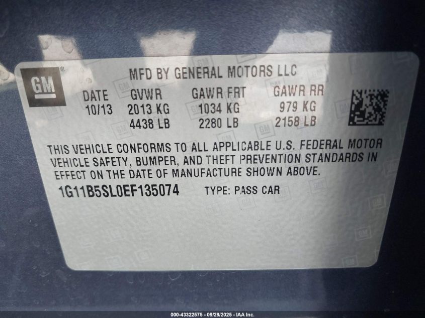 2014 Chevrolet Malibu 1Ls VIN: 1G11B5SL0EF135074 Lot: 43322575