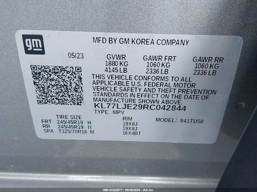 2024 Chevrolet Trax Fwd 2Rs VIN: KL77LJE29RC042844 Lot: 43322577