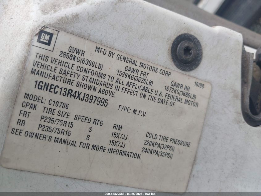 1999 Chevrolet Tahoe Lt VIN: 1GNEC13R4XJ397995 Lot: 43322588