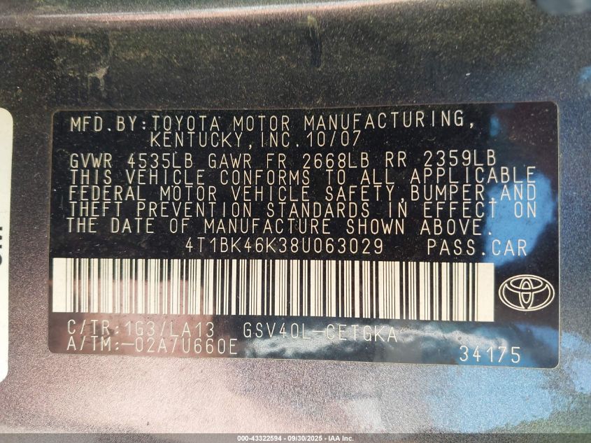2008 Toyota Camry Xle V6 VIN: 4T1BK46K38U063029 Lot: 43322594