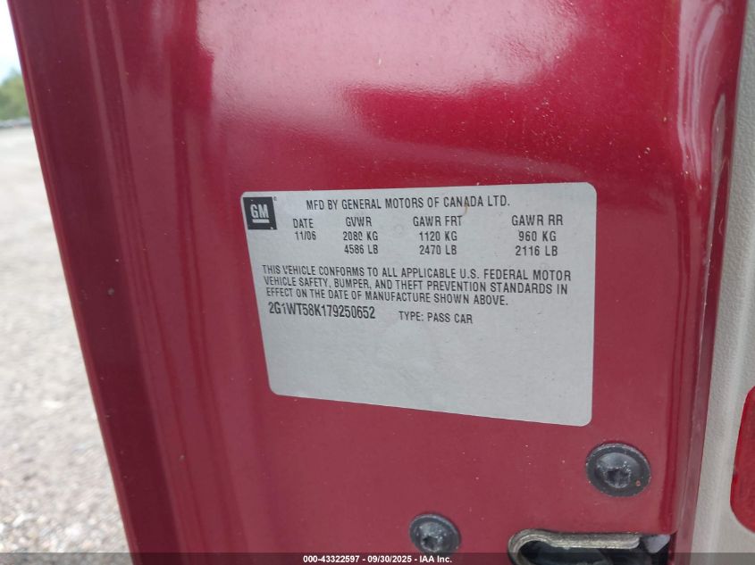 2007 Chevrolet Impala Lt VIN: 2G1WT58K179250652 Lot: 43322597