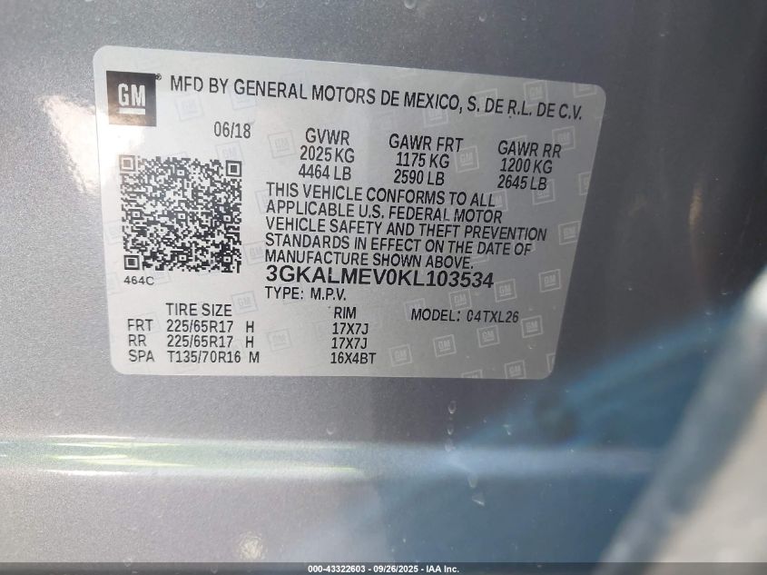 2019 GMC Terrain Sle VIN: 3GKALMEV0KL103534 Lot: 43322603