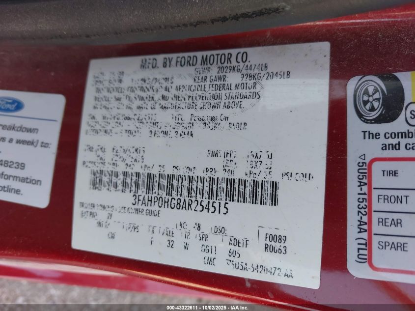 2010 Ford Fusion Se VIN: 3FAHP0HG8AR254515 Lot: 43322611