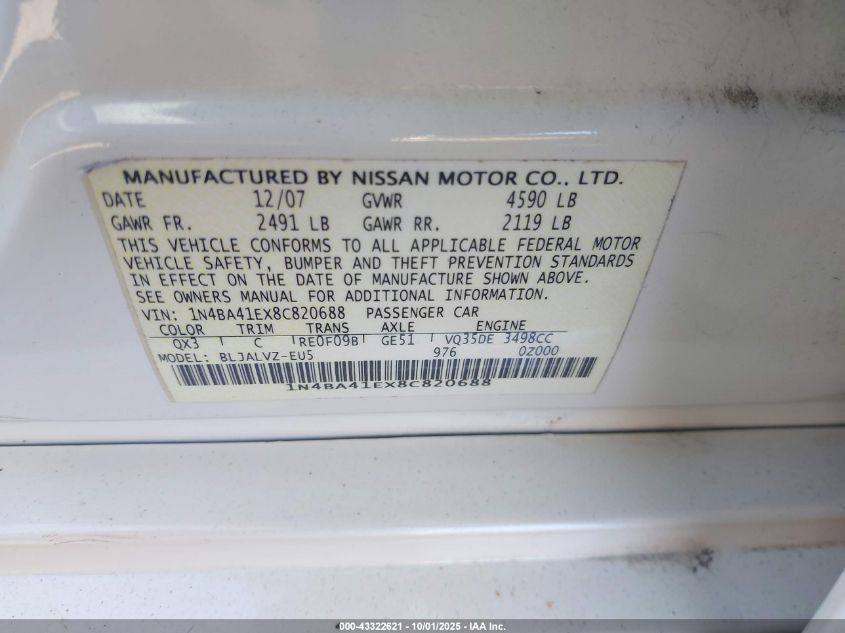 2008 Nissan Maxima 3.5 Se VIN: 1N4BA41EX8C820688 Lot: 43322621