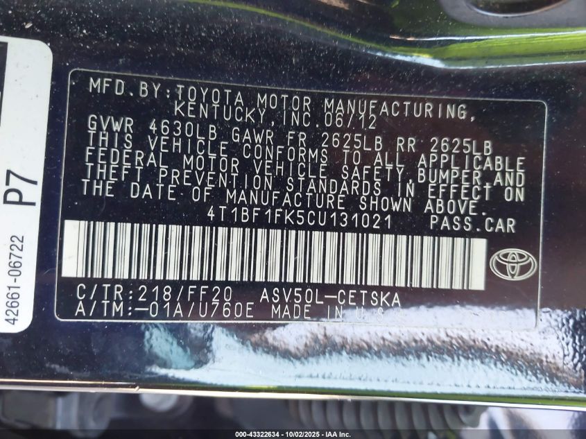 2012 Toyota Camry Se/Le/Xle VIN: 4T1BF1FK5CU131021 Lot: 43322634