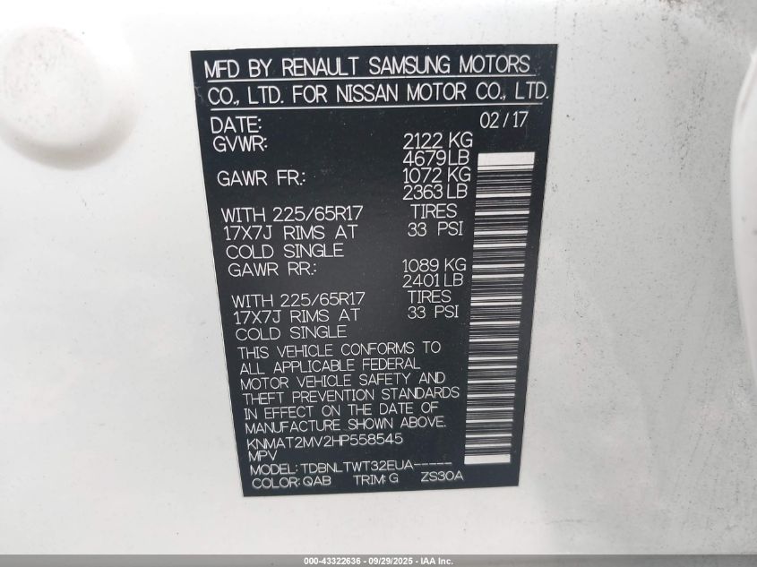 2017 Nissan Rogue Sv VIN: KNMAT2MV2HP558545 Lot: 43322636