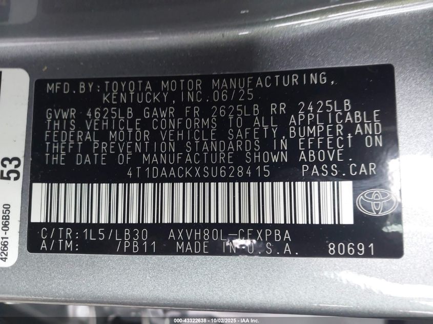 2025 Toyota Camry Xse VIN: 4T1DAACKXSU628415 Lot: 43322638