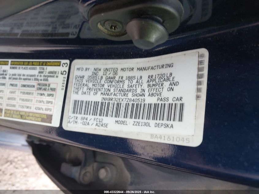 2007 Toyota Corolla S VIN: 1NXBR32EX7Z840519 Lot: 43322644