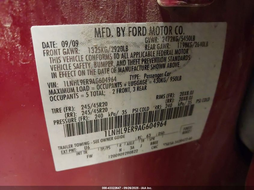 2010 Lincoln Mks VIN: 1LNHL9ER9AG604964 Lot: 43322647