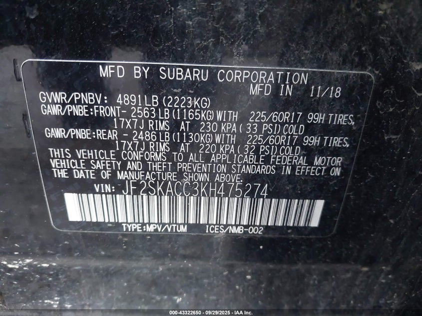 2019 SUBARU FORESTER - JF2SKACC3KH475274