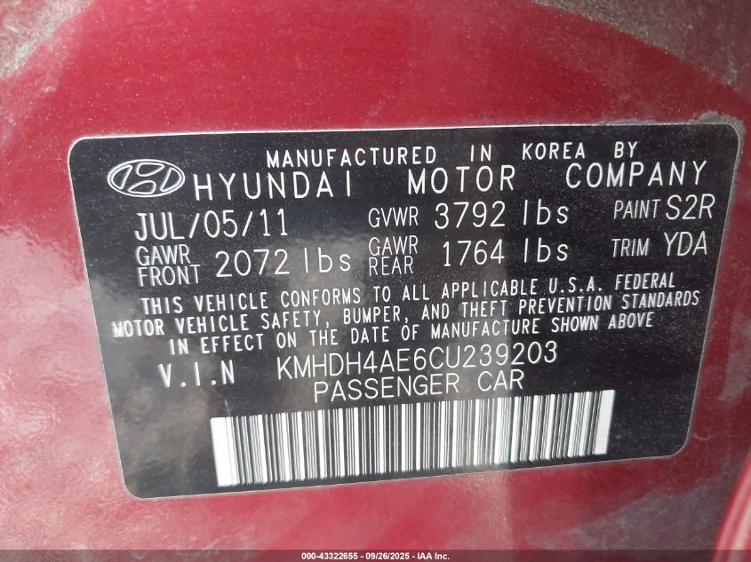 2012 Hyundai Elantra Limited (Ulsan Plant) VIN: KMHDH4AE6CU239203 Lot: 43322655