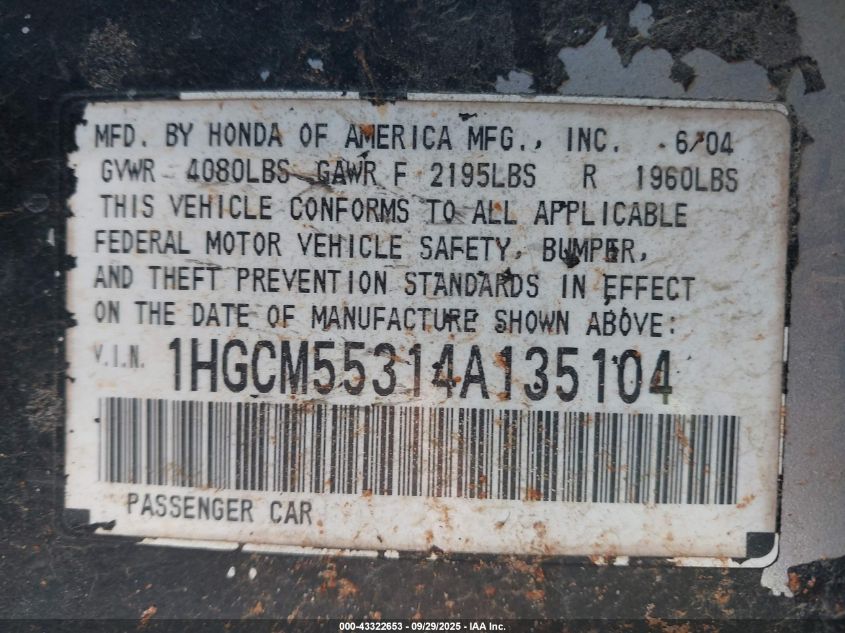 2004 Honda Accord 2.4 Lx VIN: 1HGCM55314A135104 Lot: 43322653