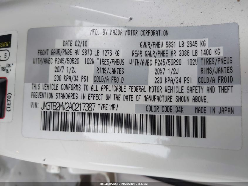 2010 Mazda Cx-9 Grand Touring VIN: JM3TB2MV2A0217387 Lot: 43322659