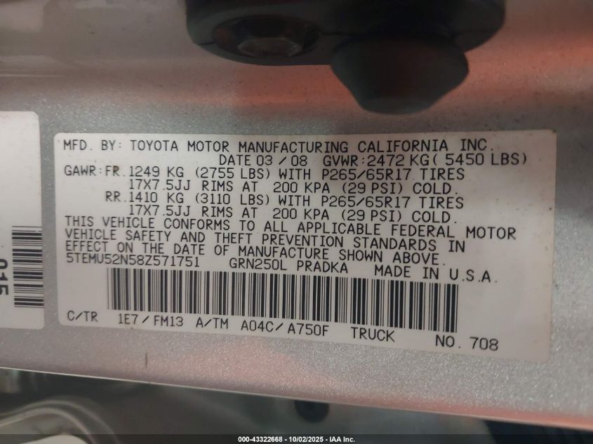 2008 Toyota Tacoma Base V6 VIN: 5TEMU52N58Z571751 Lot: 43322668