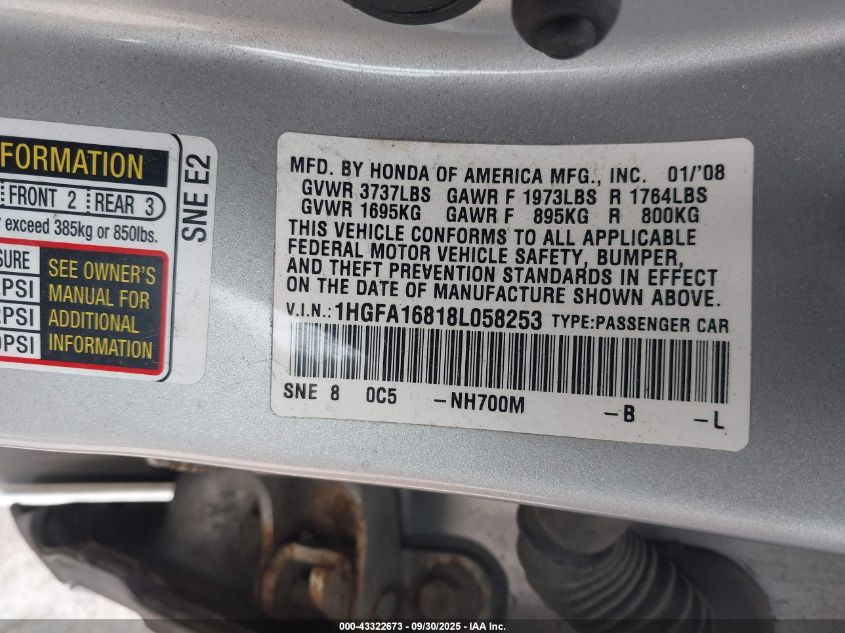 2008 Honda Civic Ex VIN: 1HGFA16818L058253 Lot: 43322673
