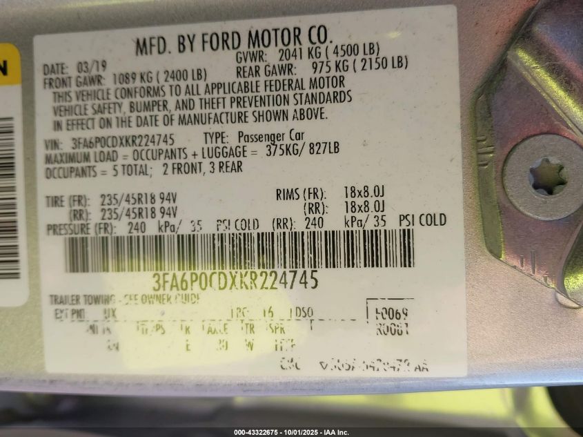 2019 Ford Fusion Sel VIN: 3FA6P0CDXKR224745 Lot: 43322675